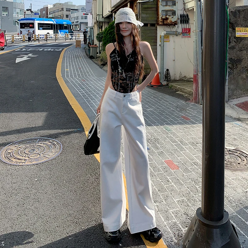 米白色宽松牛仔阔腿裤女春夏新款设计感慵懒风百搭直筒拖地裤