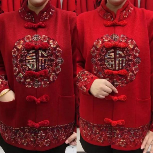 新年款立领盘扣红色妈妈开衫