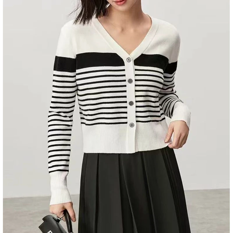 【 程总专属 】法式复古温柔风含绵羊毛开衫女秋冬黑白条纹v领宽松