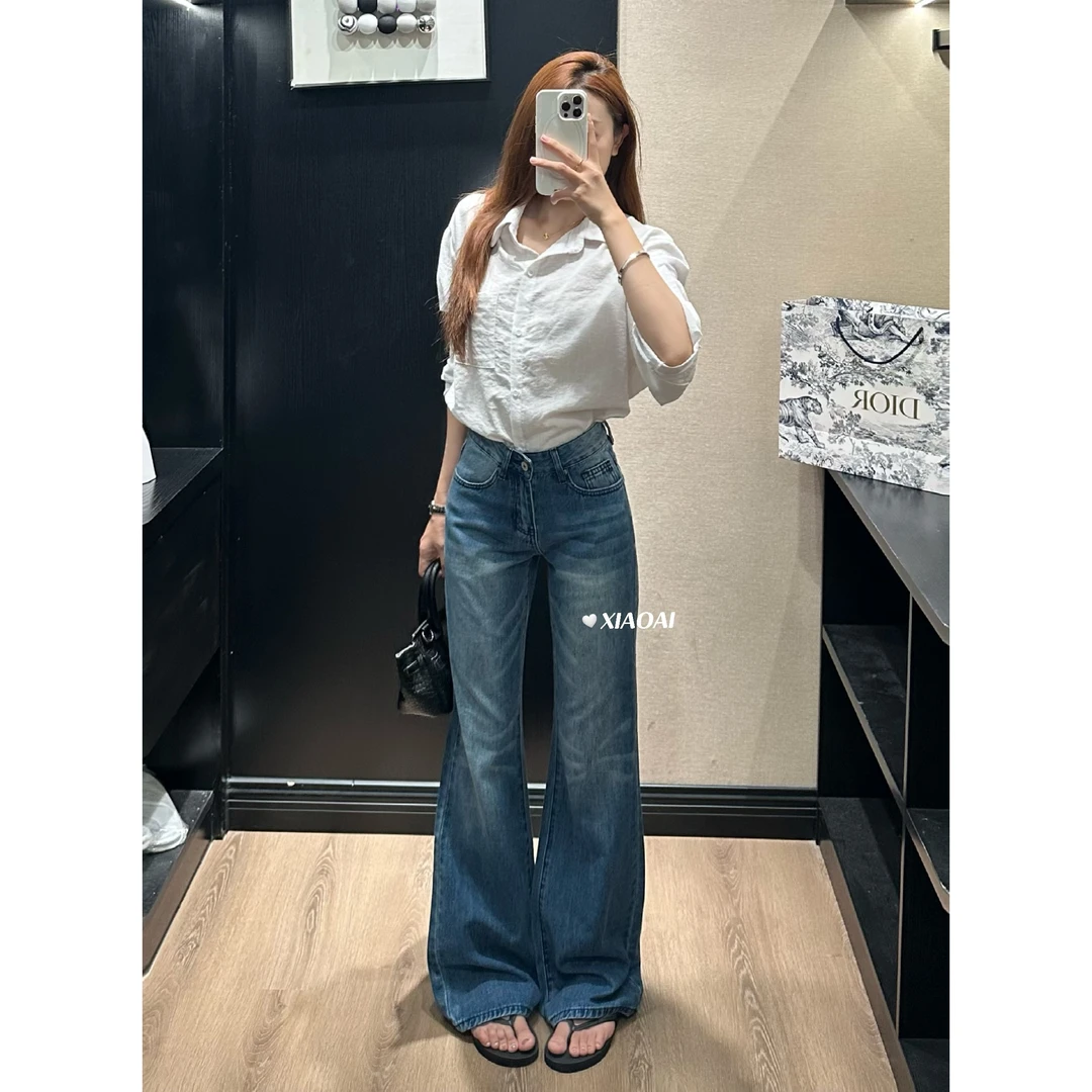 【小爱】美式复古低腰辣妹牛仔微喇裤女2025秋季新款百搭欧若喇叭裤