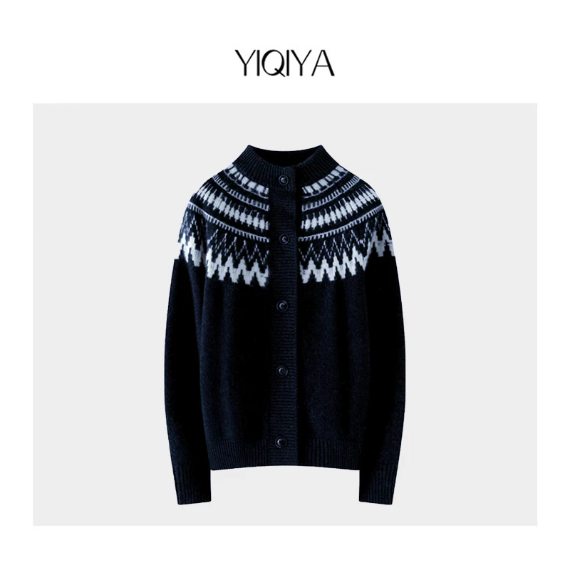 【瞿老板】秋冬复古嵌花羊毛开衫女士针织长袖轻奢条纹半高领领C321