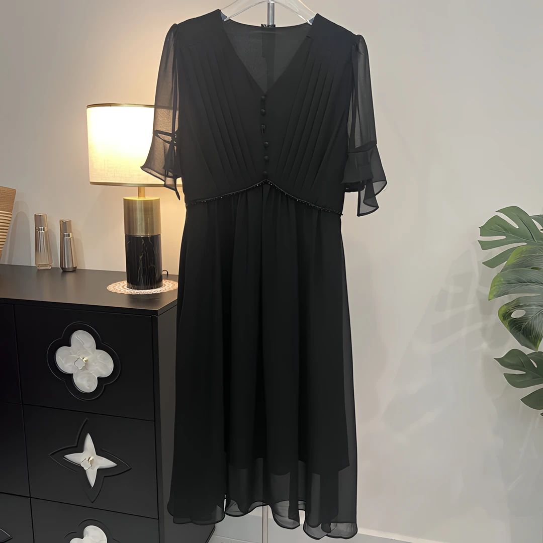 歌哥优质黑色短袖中长连衣裙夏季显瘦气质时尚遮肉修身女装连衣裙