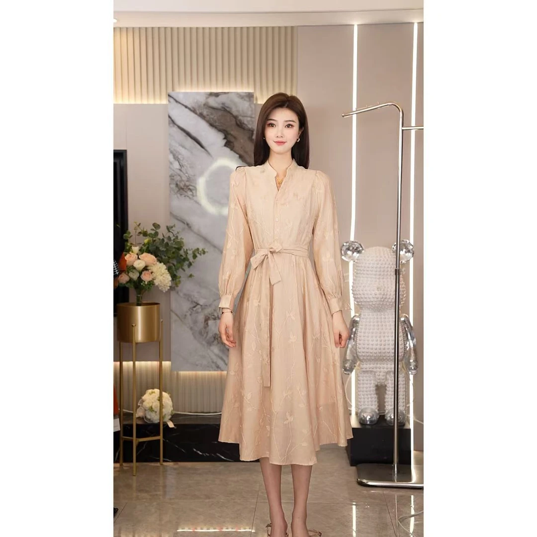 轻熟风时尚设计感V领连衣裙女春装2025年新款修身气质中长裙