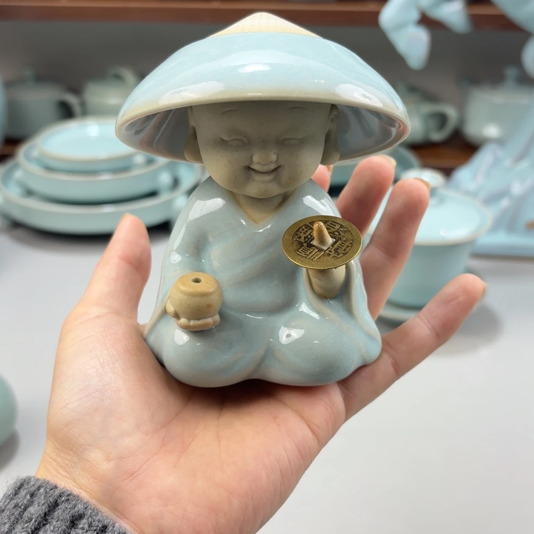 瓷摆件汝窑天青釉和尚摆件