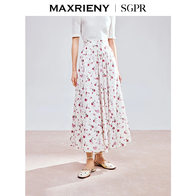 MAXRIENY【商场同款】精致浪漫玫瑰印花半裙收腰散摆长裙25春款
