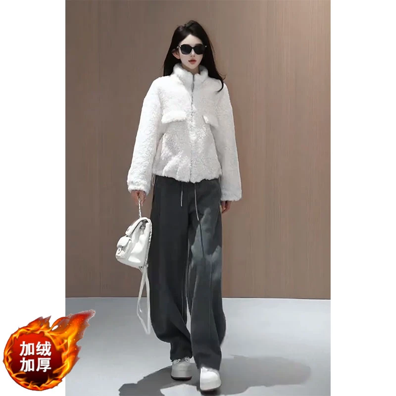 小个子时尚轻熟风立领长袖外套百搭宽松垂感加绒休闲裤子两件套装