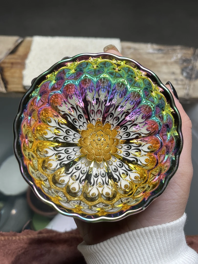 【闪购商品】七彩太阳花镶嵌金莲茶具纯手工主人杯高档