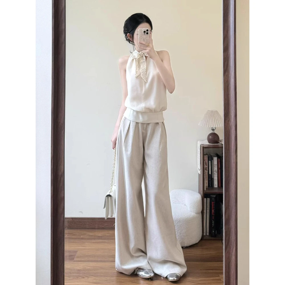 法式阔腿休闲裤高腰裤女夏季2025新款法式高级感挂脖无袖上衣套装