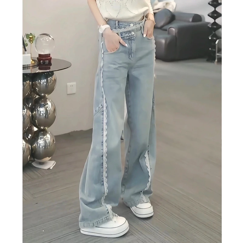 侧边蕾丝花边拼接休闲牛仔裤女2025新款高腰宽松显瘦直筒阔腿长裤