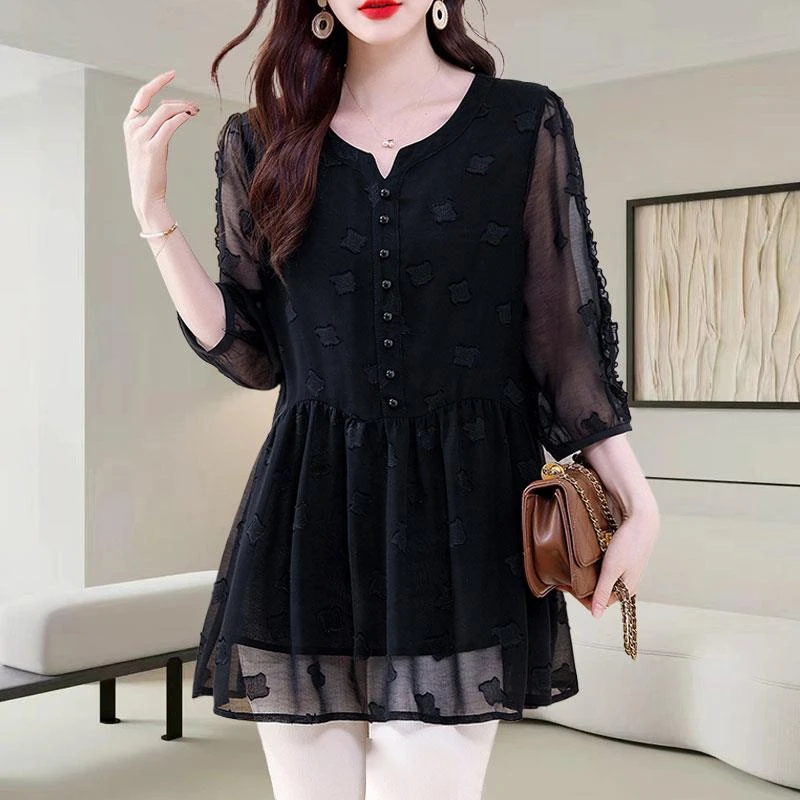 黑色短袖雪纺衫女2025夏季新款时尚减龄宽松遮肉显瘦高端提花上衣