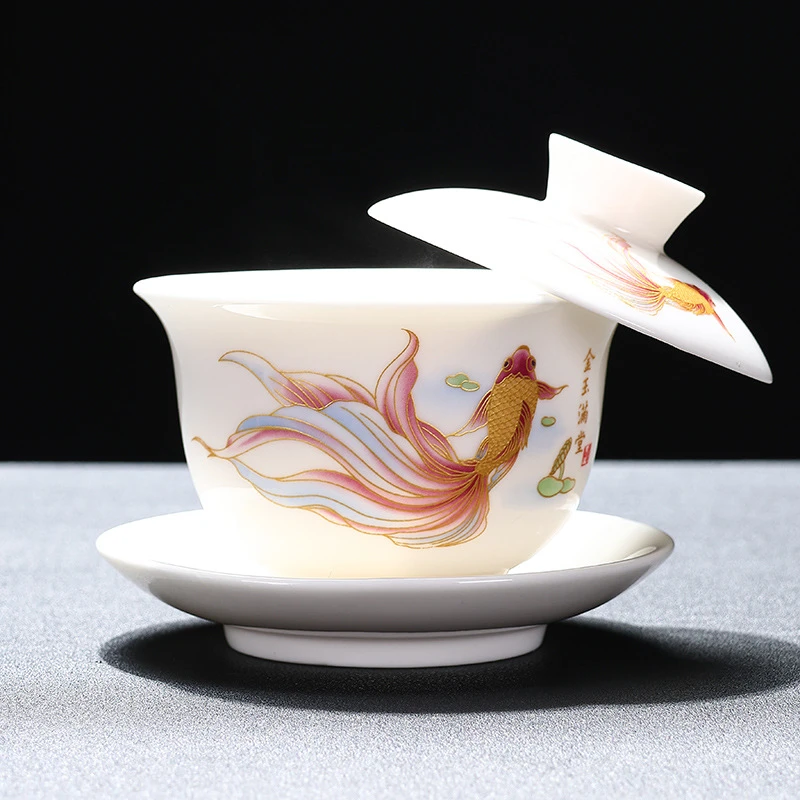 悬浮陶瓷大号盖碗功夫茶具单个白瓷千里江山图风格简约泡茶【P71】