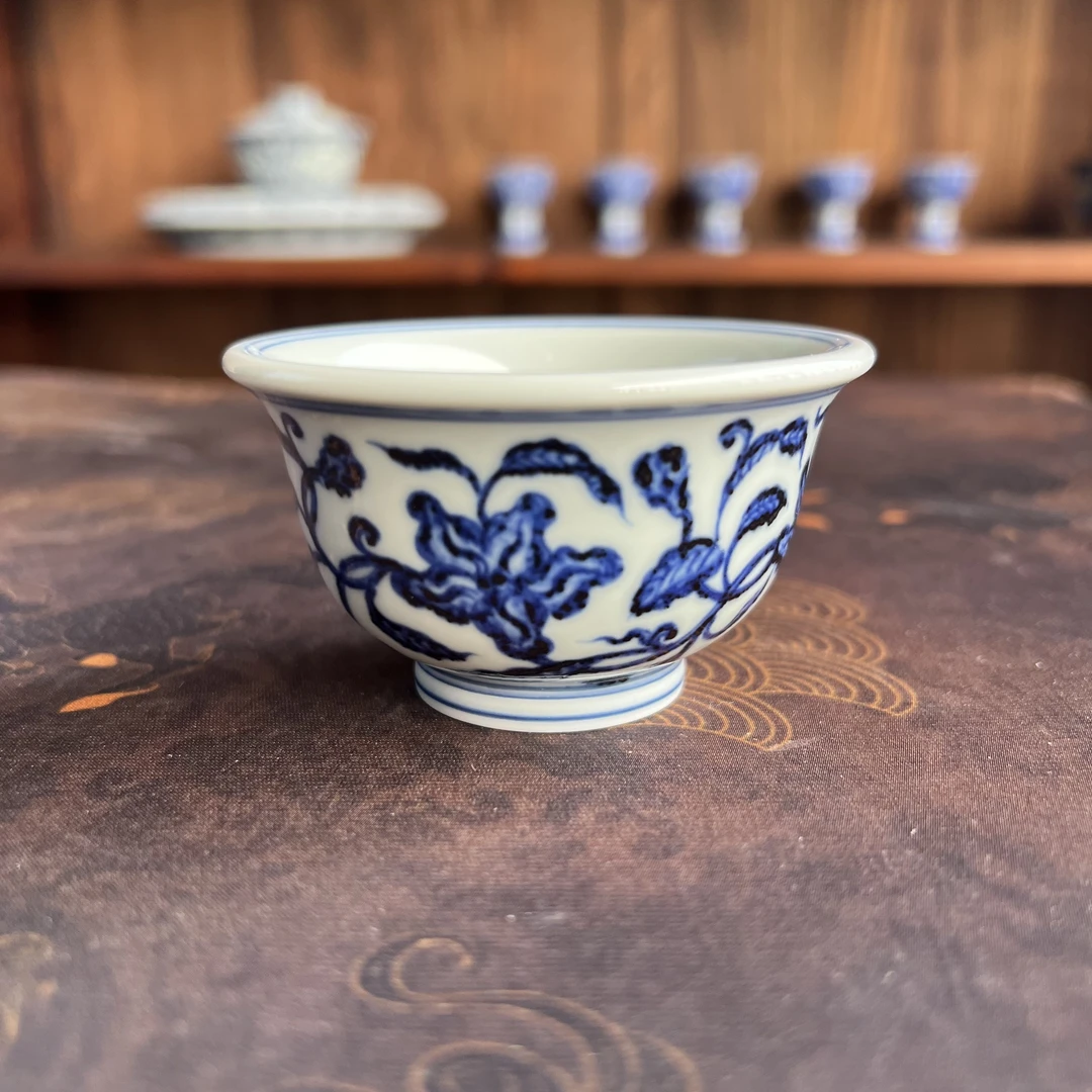 舜瓷天工一品山茶花杯手绘花纹柴窑主人杯