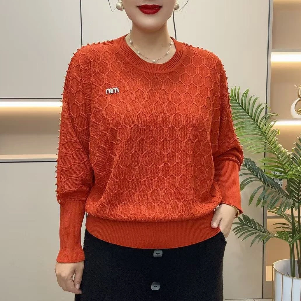 2025春季新款洋气圆领纯色针织衫宽松钉珠蝙蝠长袖上衣中年妈妈装