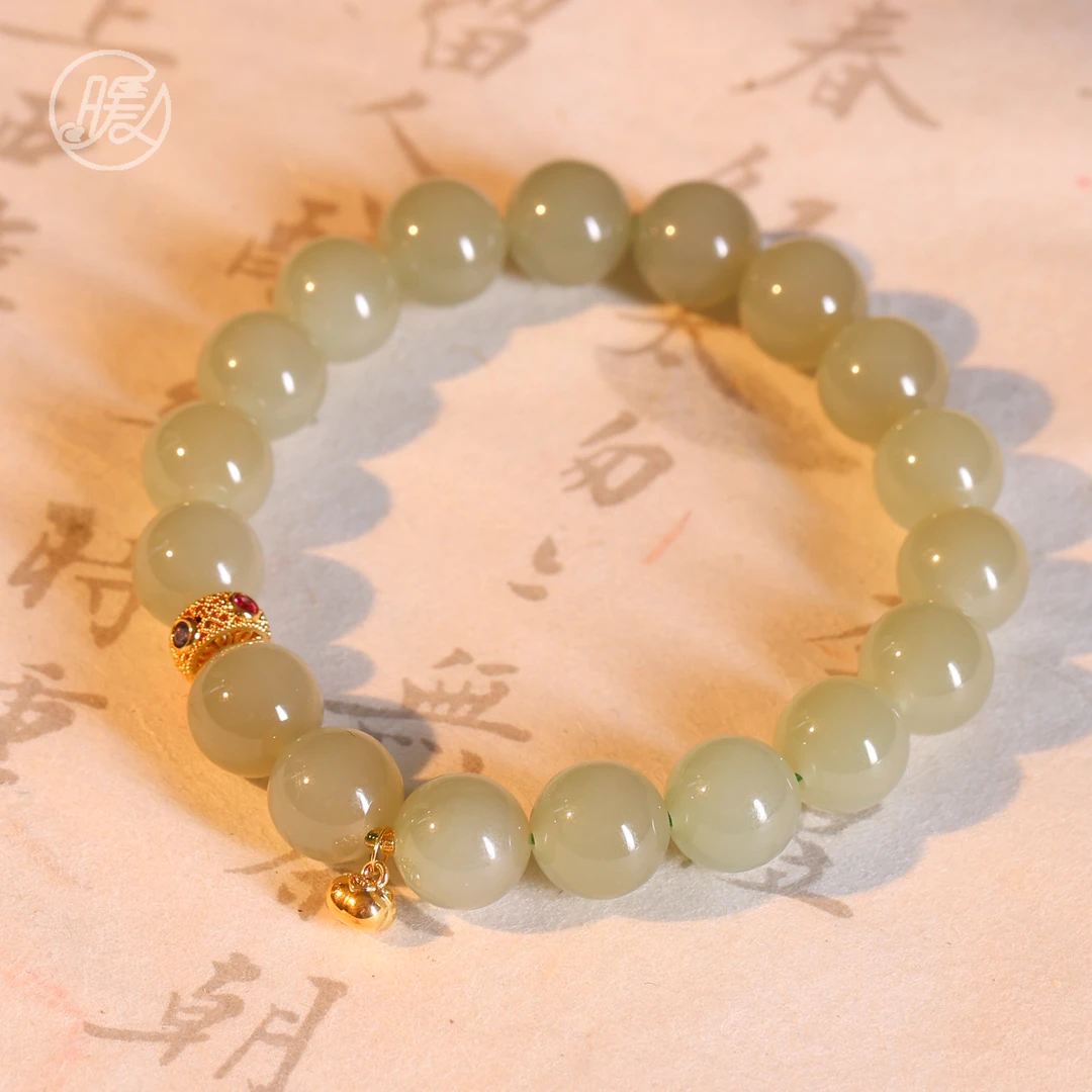 单圈和田玉手串10mm搭配18k金柿子吊坠手链A6754多样性发一