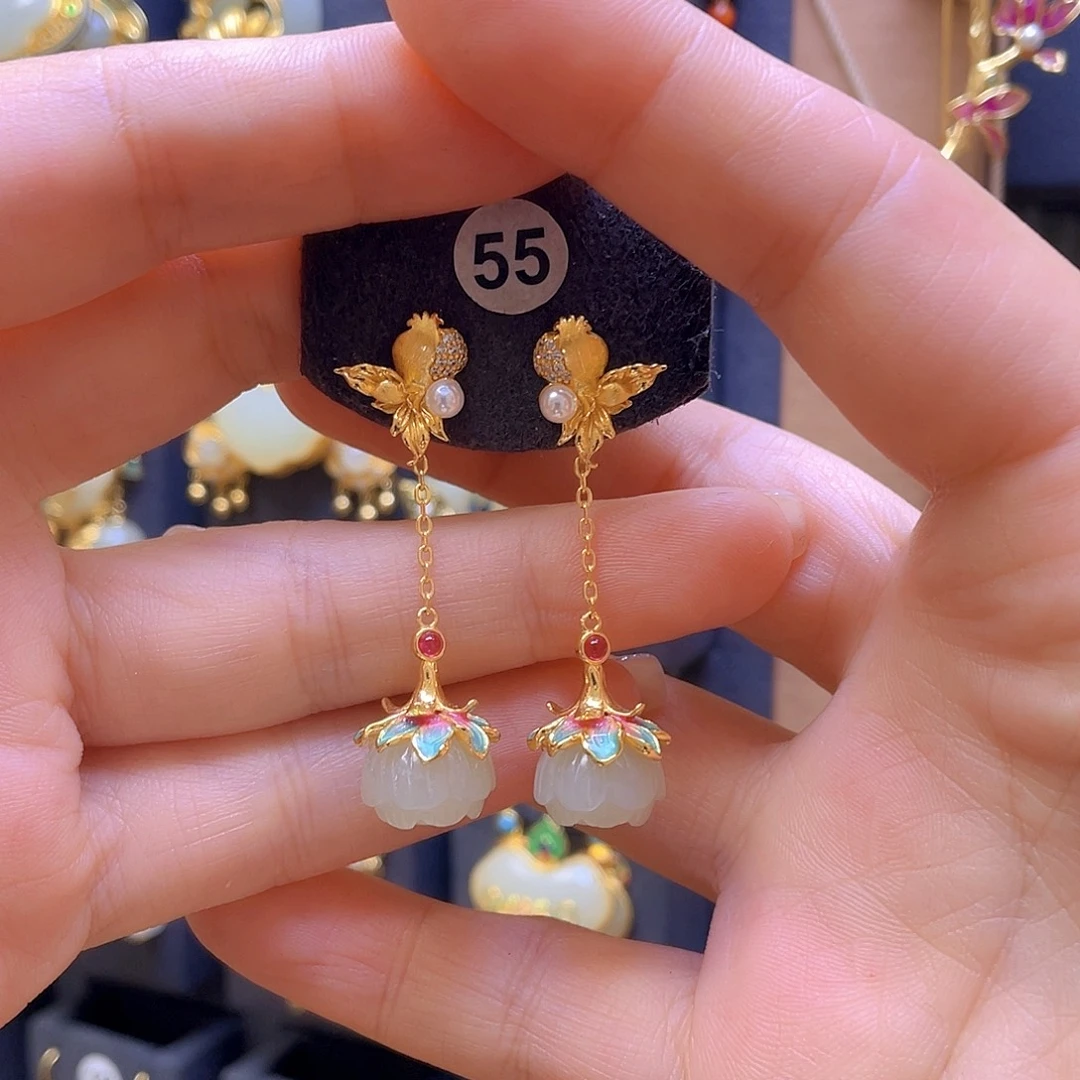 和田玉银S925镀金镶嵌耳饰