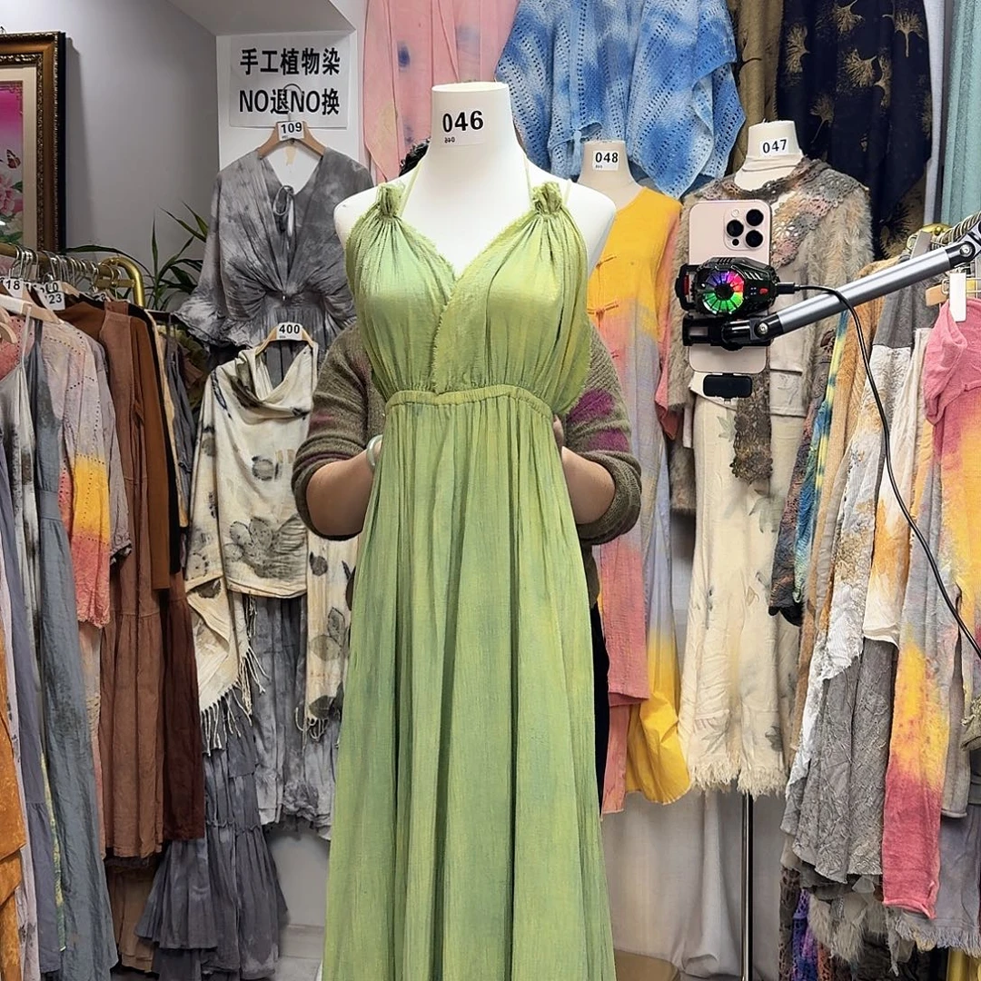 麻棉植物染翡翠色波西米亚风吊带裙