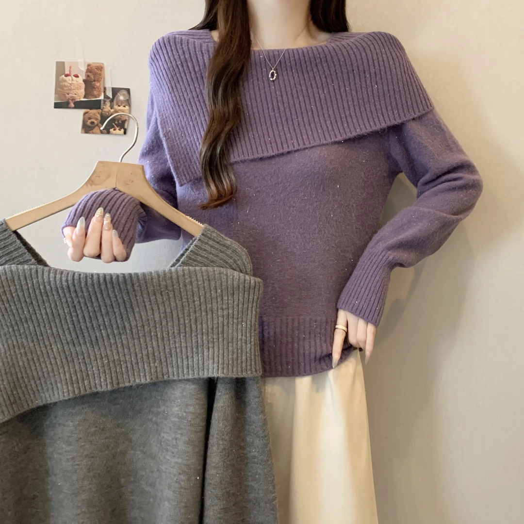 2025早秋新款韩系紫色长袖毛衣大码女装胖mm高级一字肩针织衫上衣