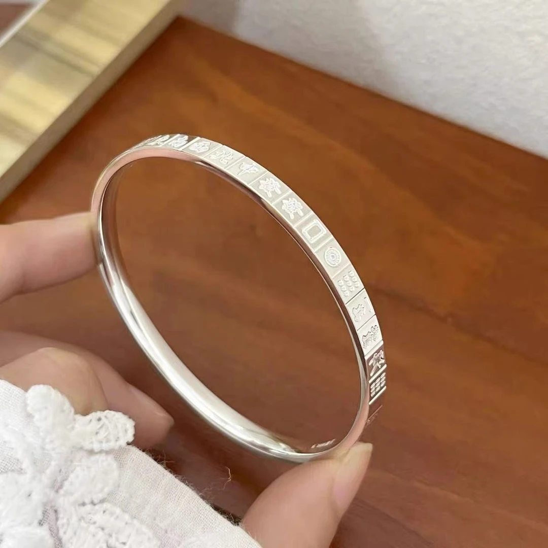 足银手镯 麻将十三幺足银999.9实心闭口手镯光面雀圣国粹经典款