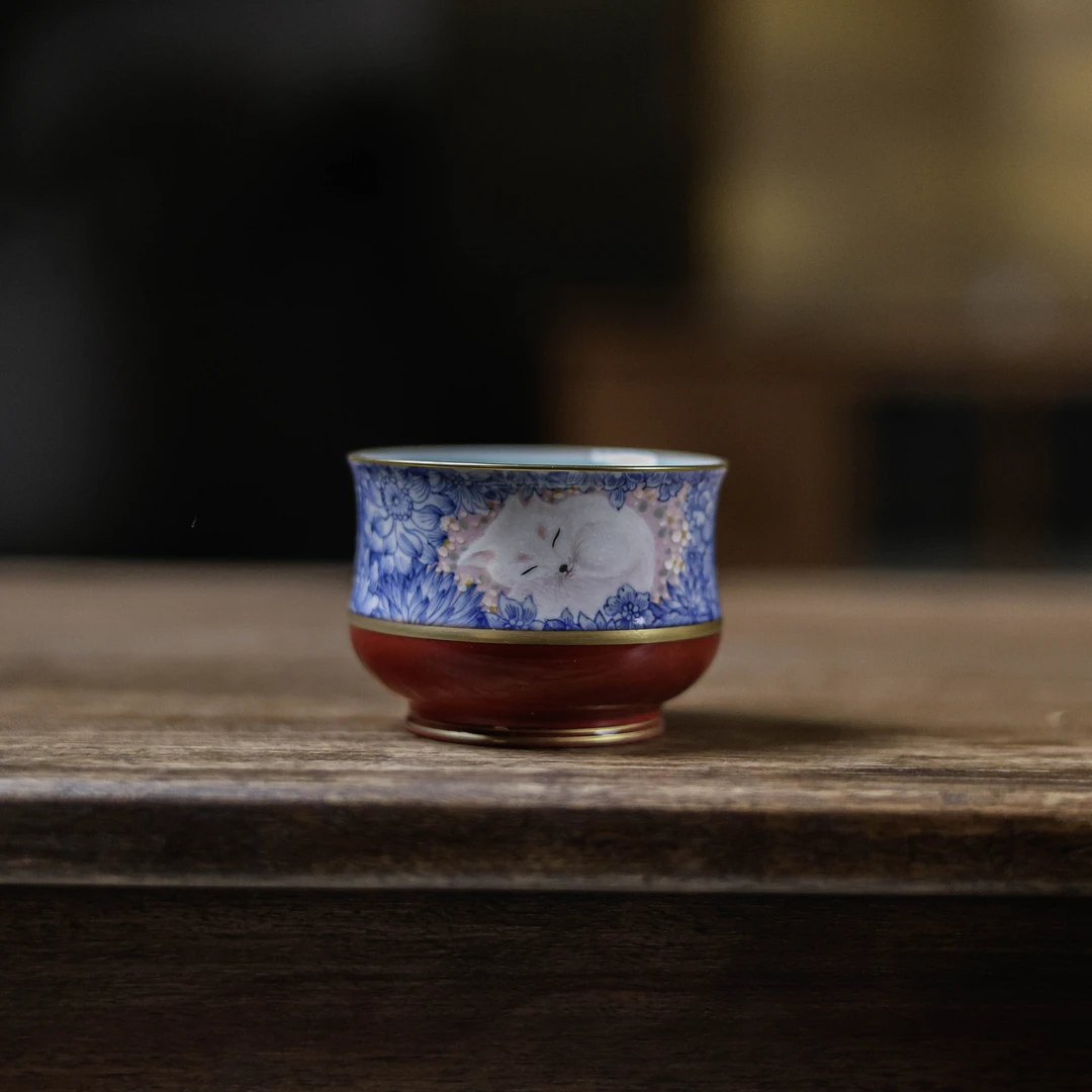 【悦生活】玫瑰红-华隐堂-青花万花狐狸杯-110ml（华隐S0920）