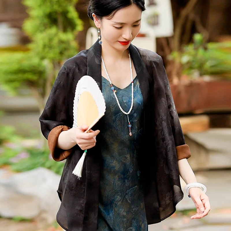 复古日记“月叶”100桑蚕丝三经绞罗直开领防晒空调外套25EW815