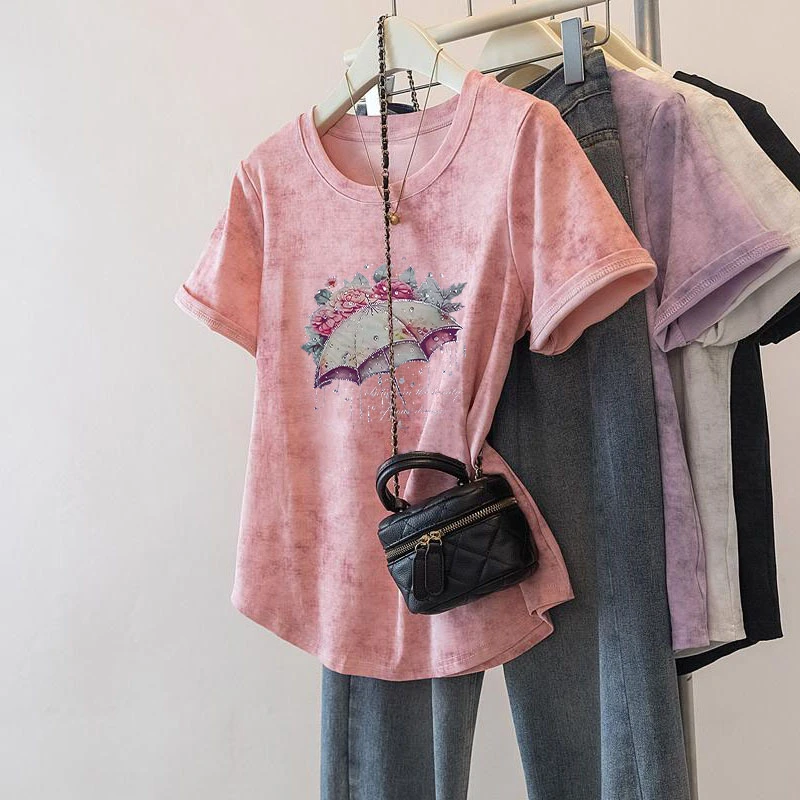 扎染不规则下摆圆领2025新款纯棉显瘦T恤女夏季短袖大码百搭上衣