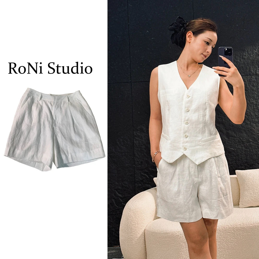 RoNi夏季老钱风亚麻短裤100%纯亚麻白色极简时尚轻奢欧版短裤
