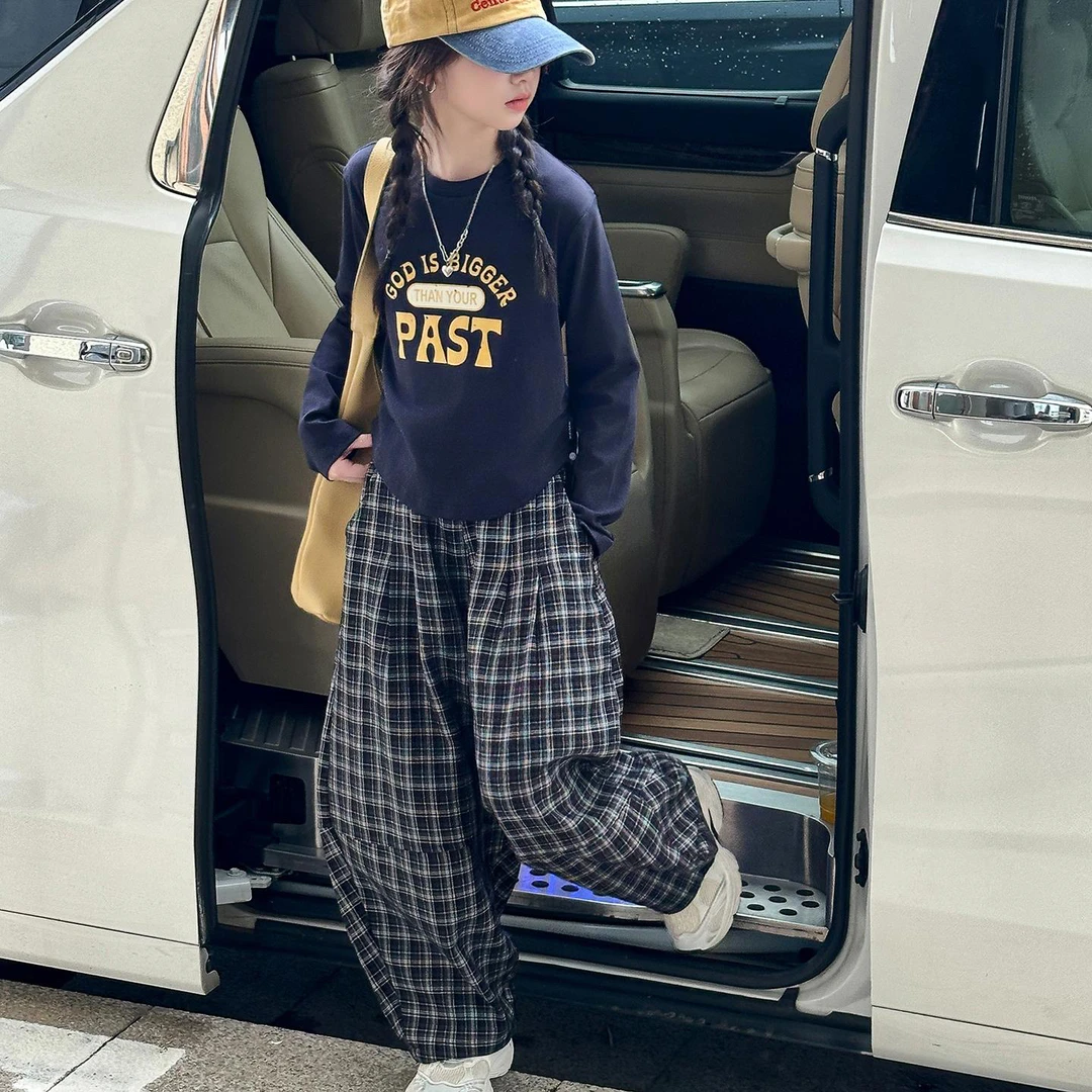 女童秋装套装2025新款儿童早秋穿搭女孩长袖T恤格子阔腿裤两件套