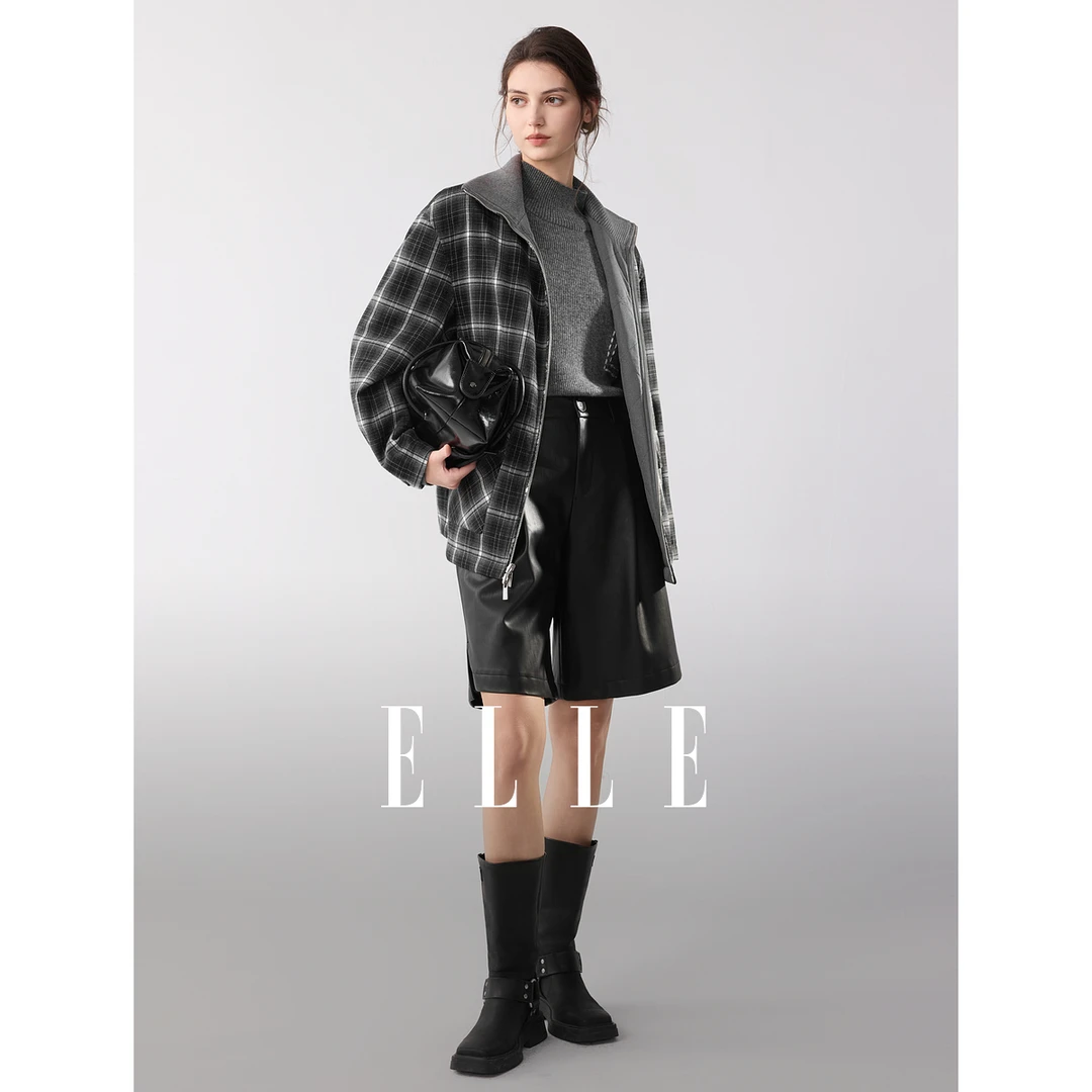 ELLE女装格纹拼接立领棉服2025冬季新款宽松休闲短外套EH53118