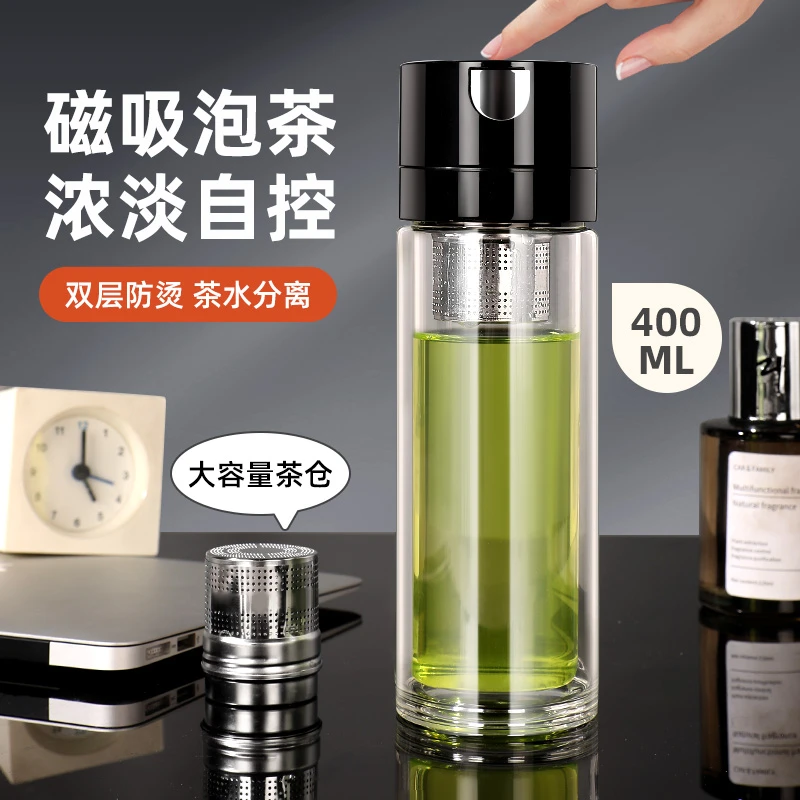 一键开盖速开玻璃杯双层加厚耐高温隔热防烫防摔车载水杯男士茶杯