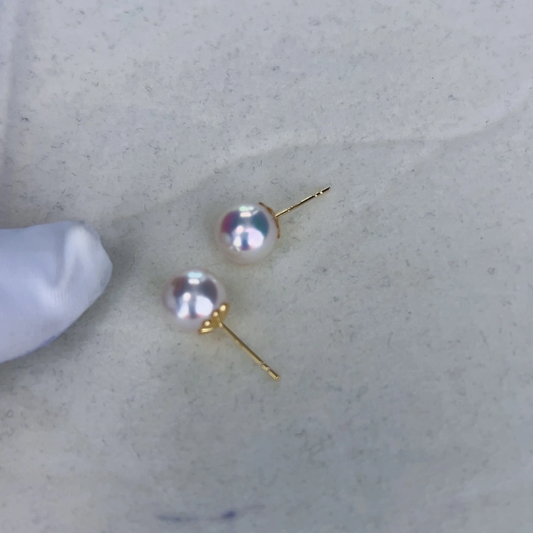 海水珍珠海水akoya天女耳钉8.5-9mm18K金镶嵌
