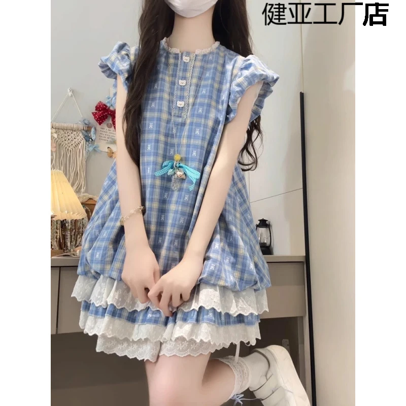 小个子蓝色格子连衣裙子女装夏季2025新款夏日海边度假短裙高级感
