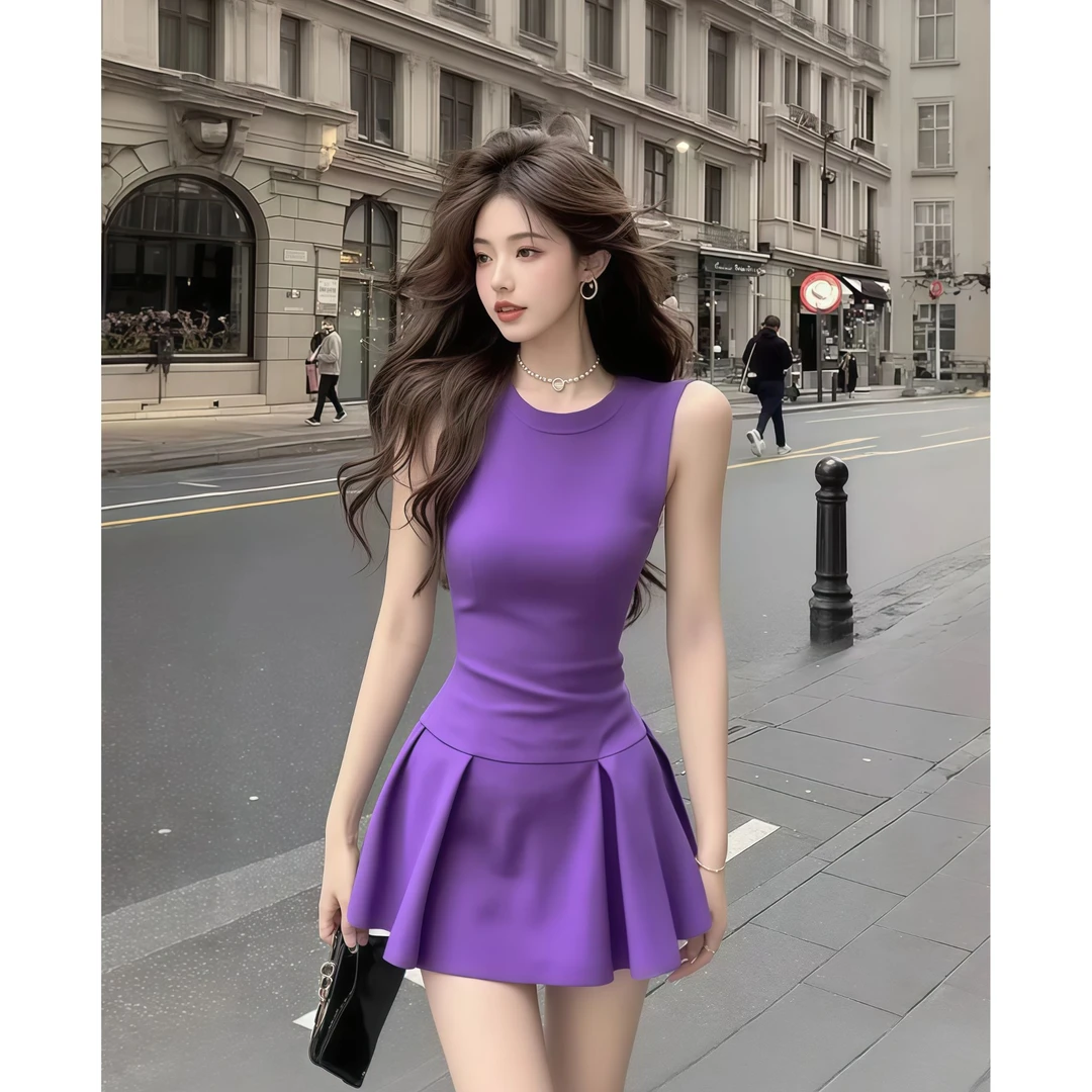 浪漫紫小众设计感新款修身短款气质辣妹连衣裙显瘦收腰夏季甜美
