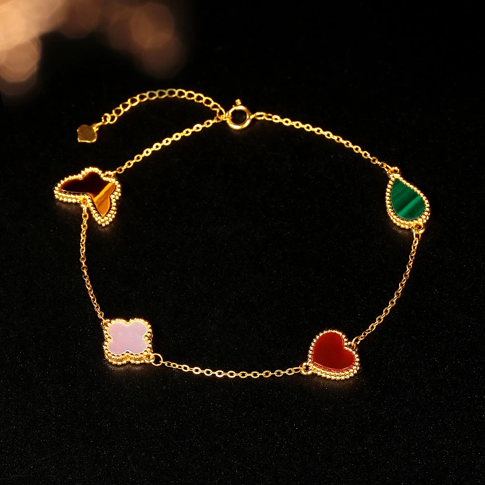 【柴柴】18k金四花Lucky蝴蝶爱心手链 时尚轻奢百搭