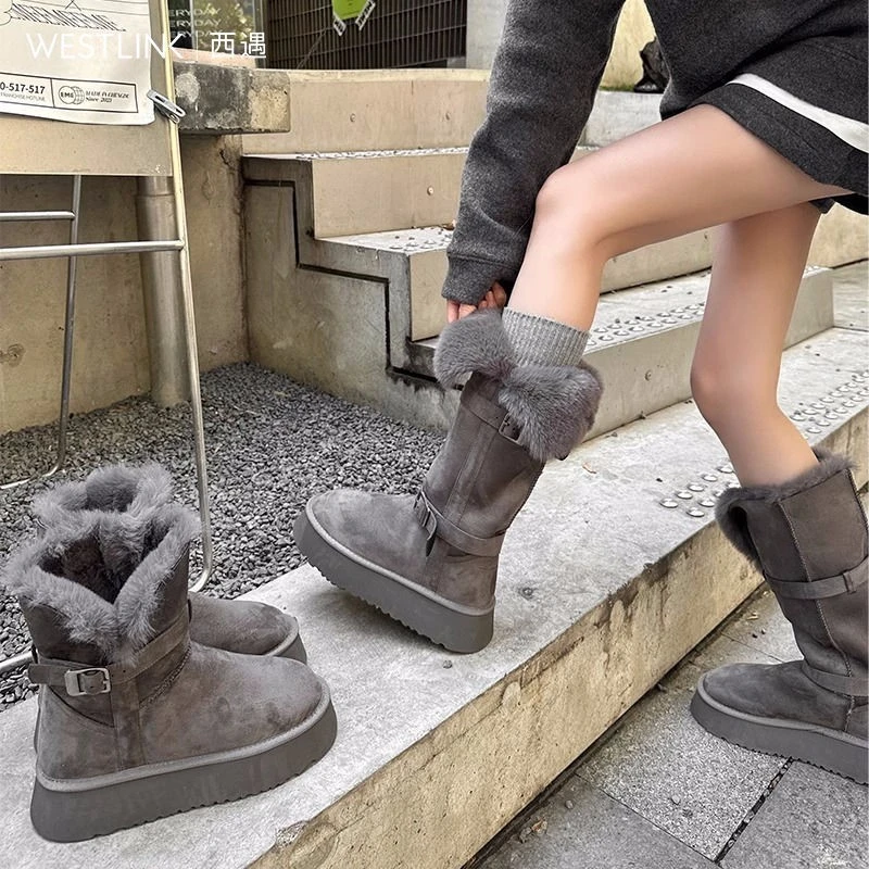 灰色长筒雪地靴女2024冬季新款厚底中筒加绒东北棉鞋保暖高筒靴子