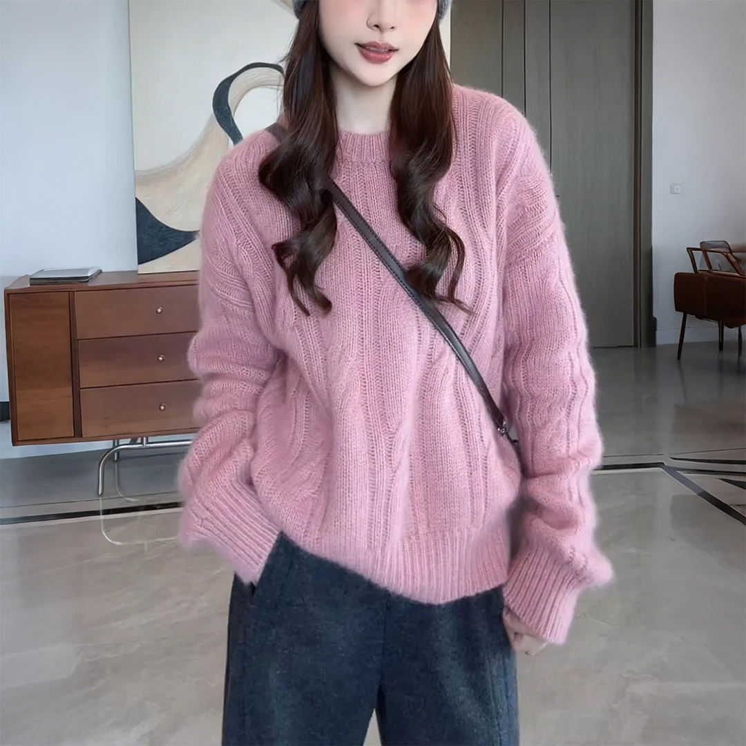 慵懒风超好看粉色毛衣针织衫女士秋冬季新款宽松漂亮圆领长袖上衣