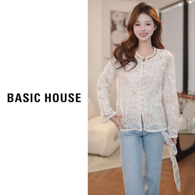 Basic House/百家好春款简约通勤圆领百搭镂空衬衫B1195B5J492