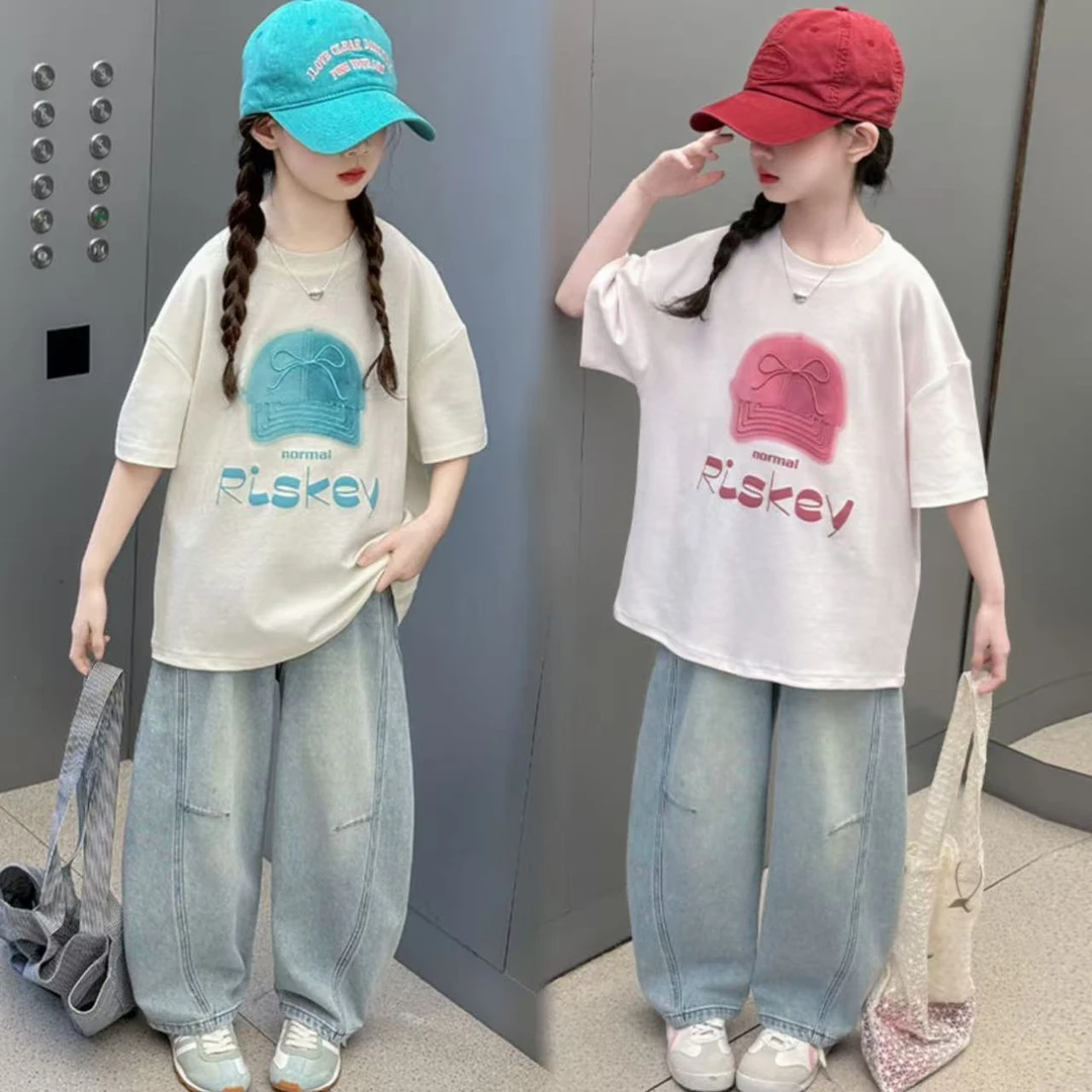 女童2025夏季新款帽子印花透气短袖上衣韩版直筒弯刀裤阔腿裤套装