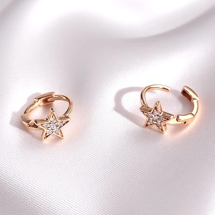 18k金钻石星星小耳骨圈9mm耳钉耳扣耳饰气质通勤款百搭简约INS