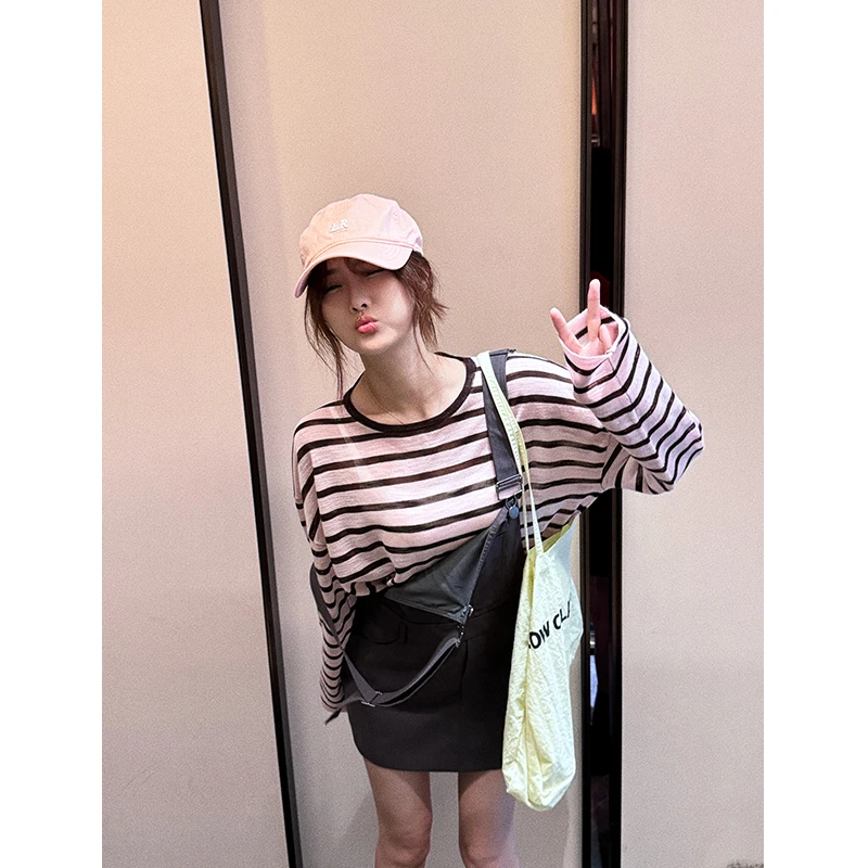 CHICHEN 莓巧克力条纹衬衫-撞色条纹针织空调T恤衫