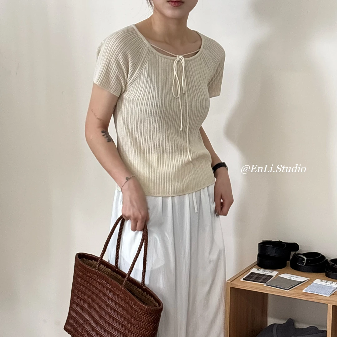 ENLI-领口系带减龄短袖针织衫百搭夏季