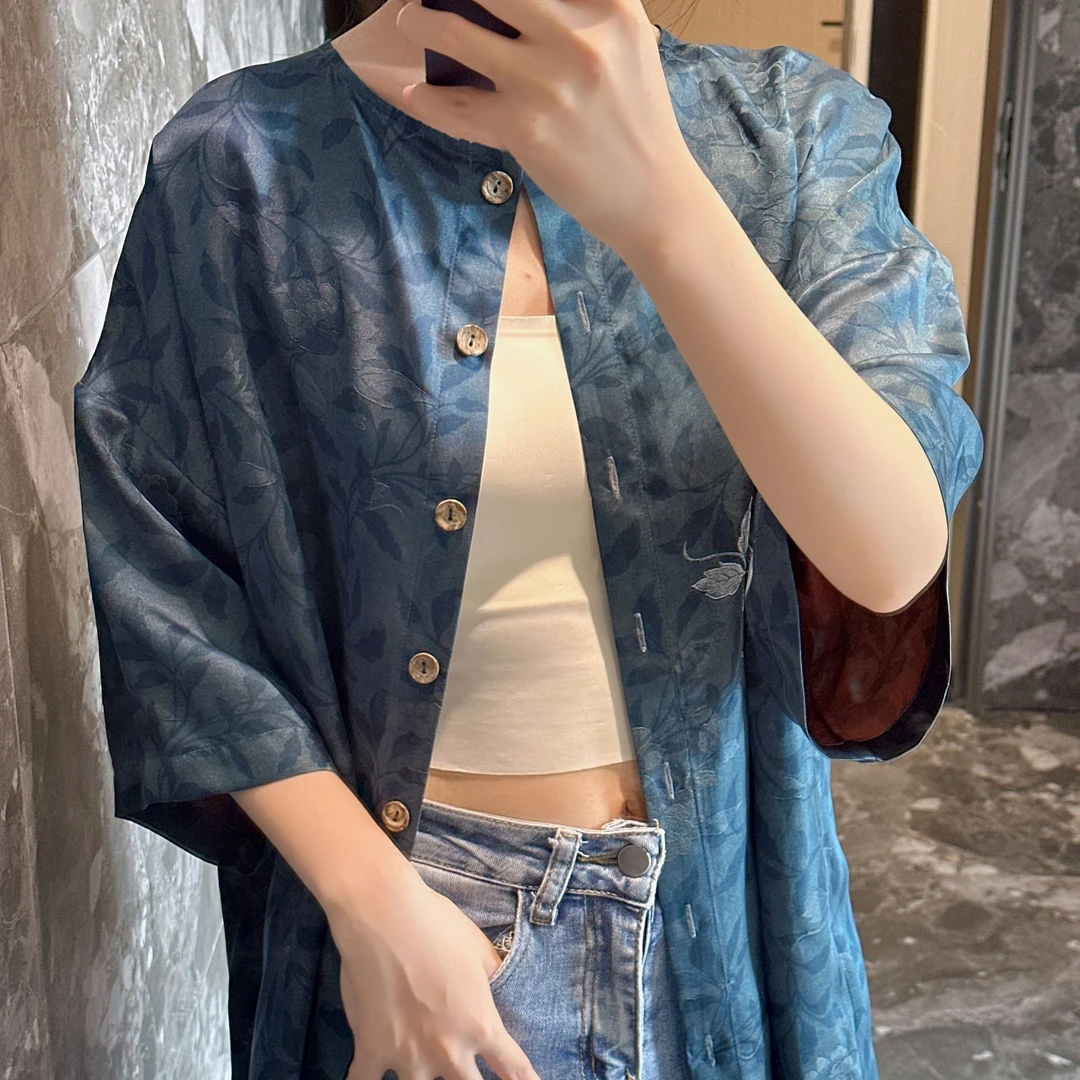 【香绮名夏】碧蓝云裳·青碧叶纹香云纱藤蔓桑蚕丝上衣女