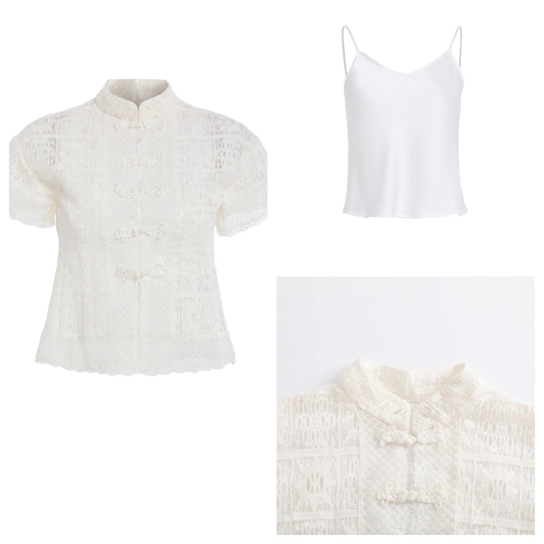 新中式风 镂空手工盘扣蕾丝花纹衬衫 带吊带内搭