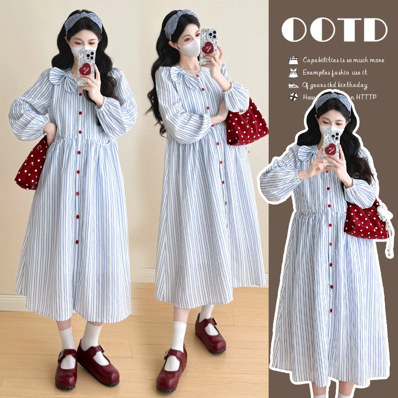 时尚孕妇春秋新款宽松中长款韩版显瘦秋季蝴蝶结条纹孕妇连衣裙