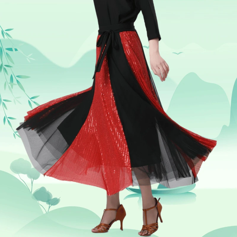 Q26吉特巴新款网纱亮片拼色大摆半身裙广场舞交谊舞点帕斯跳舞裙