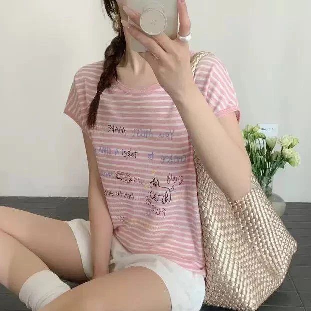 无印心匠A99725 圆领女夏季条纹拼接短袖休闲显瘦韩版宽松K006