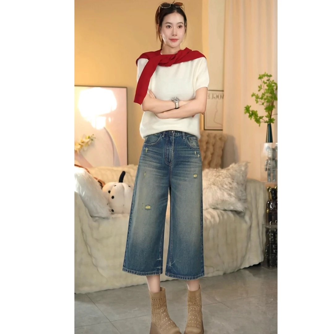 KK欧版 · 七分阔腿裤 · 秋款复古蓝怀旧高腰遮肉显瘦七分阔腿牛仔