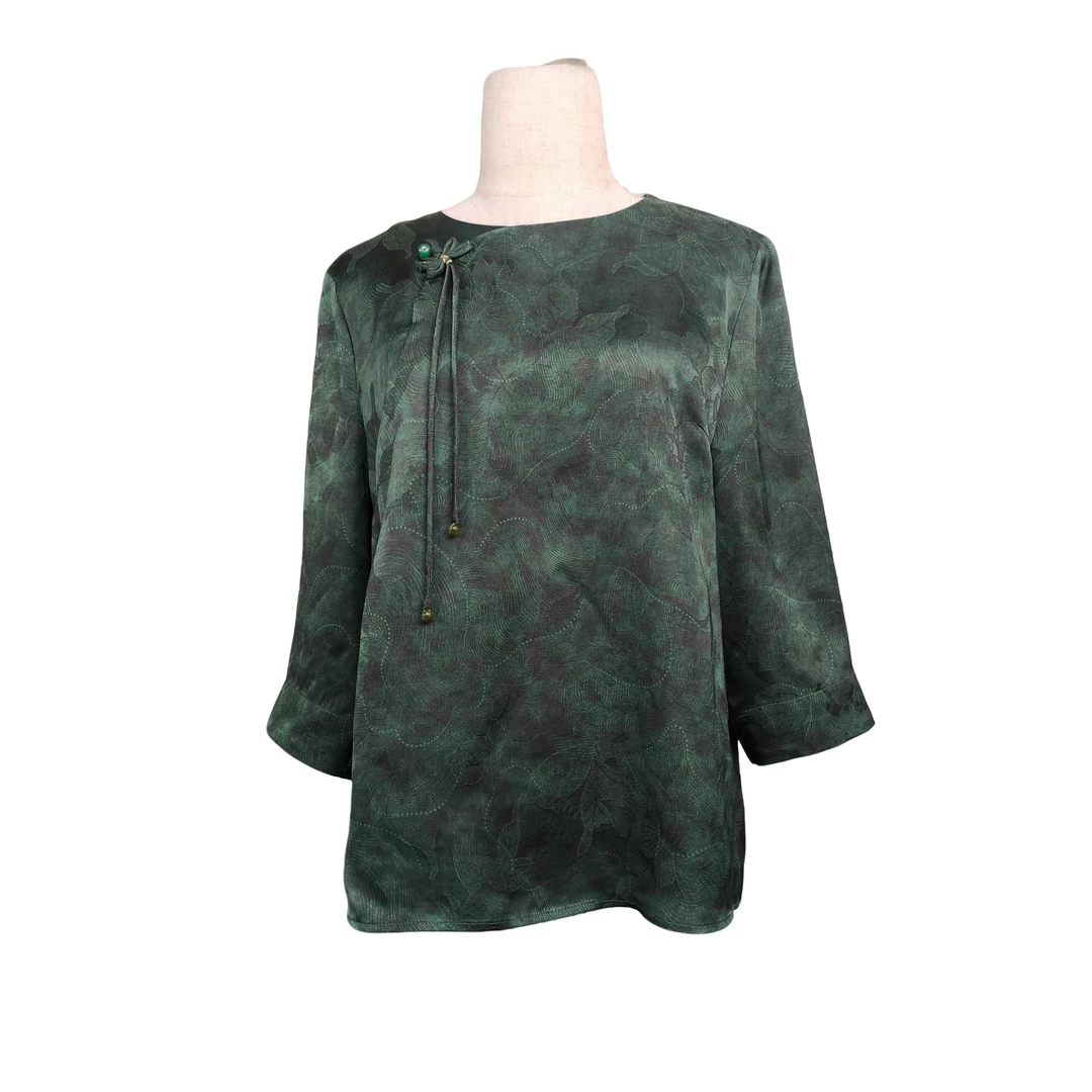 【断码上衣06】100%桑蚕丝新中式花萝显瘦气质侧襟圆领太太服套衫