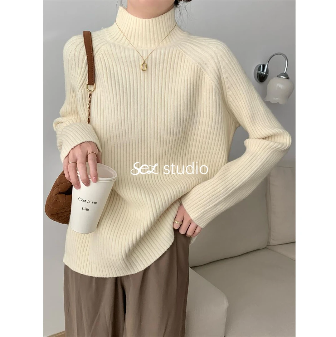 2024秋冬韩版宽松半高领插肩百搭加厚北极绒内搭针织毛衣上衣女