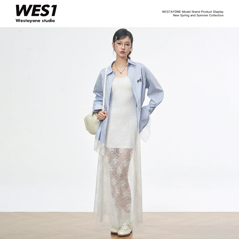 WESTAYONE原创长款宽松蕾丝连衣裙/蕾丝拼接衬衫
