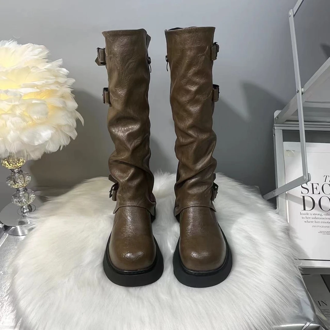 短靴高筒靴时装靴圆头不过膝骑士靴黑色厚底靴子英伦风皮带扣大码